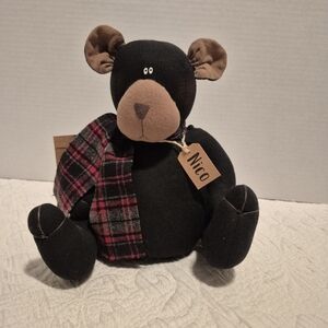 Honey & Me Inc black Nico bear with plaid scarf, handmade NEW